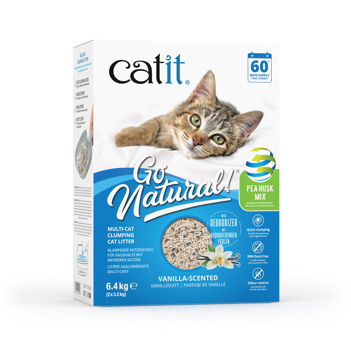 Catit Go Natural Vanilla Scented Pea Husk Clumping Cat Litter, Deodorising, 99.9% Dust-Free, Fast Clumping Cat Litter, Plant-Based Litter for Cats & Kittens, 5.6kg (2 x 2.8kg)