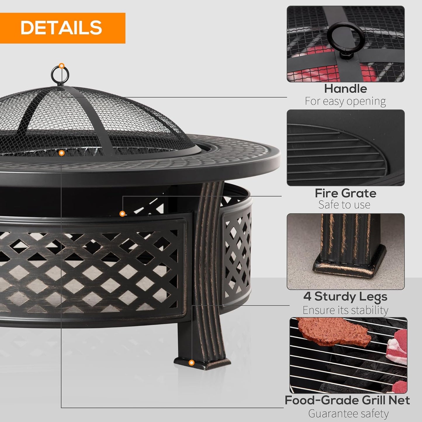 Outsunny 81 x 81 x 50 cm Outdoor Fire Pit, Round Firepit with Grill Net, Mesh Lid, Poker, for Garden, Camping, Bonfire, Picnic, Bronze Tone