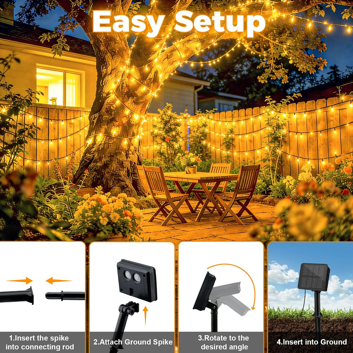 Outdoor Solar Lights Garden, 12M/40FT 120 LED Solar String Lights Waterproof, 8 Modes Solar Powered Fairy Lights for Tree Patio Yard Party Garden Terrace Decorations Warm White