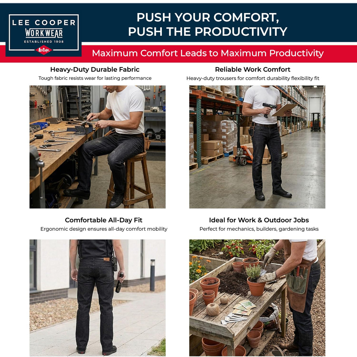 Lee Cooper Men's Jeans Classic Regular Fit with 5 Pockets Design Zip Fly & Belt Loop Heavy Duty Denim Wash Stretch Plain Casual Workwear Durable Utility Straight Leg Work Pants (Black/Navy)