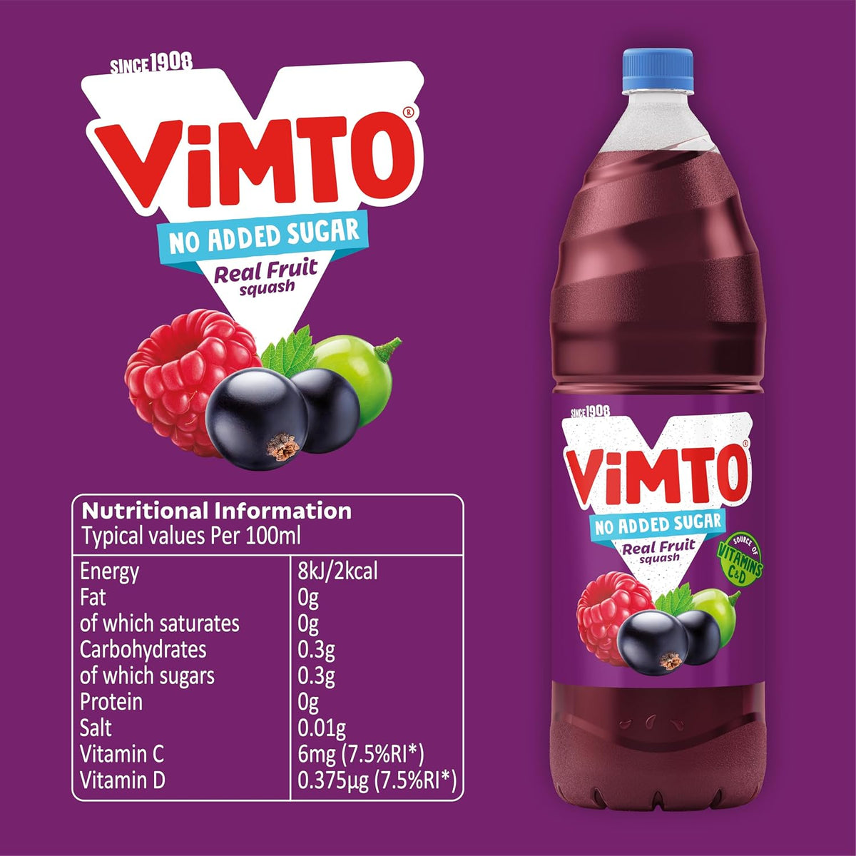 Vimto Squash – No Added Sugar – Real Fruit Flavour – Vitamins C & D – 2L Bottle – Low Calorie