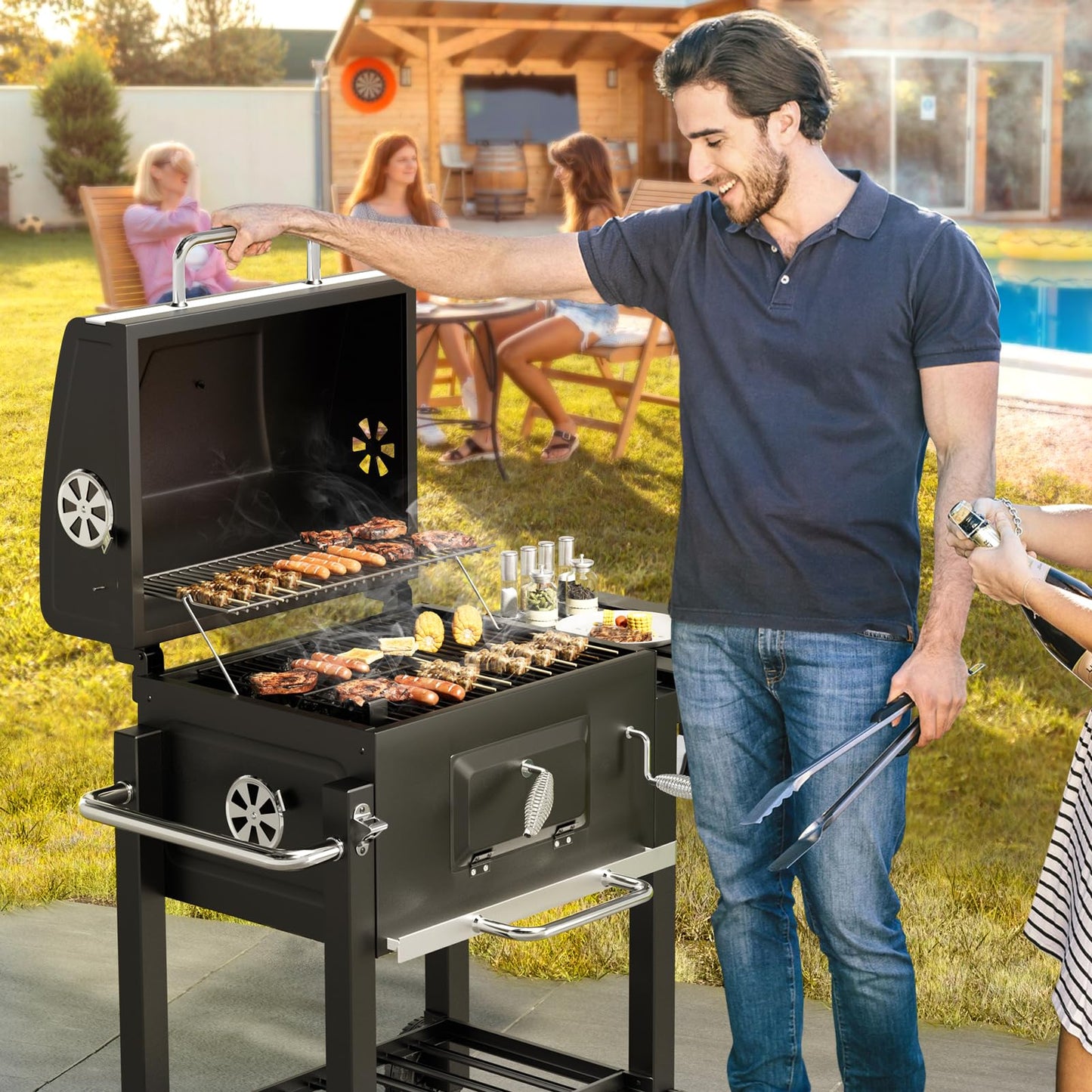 XXXL Smoker Charcoal BBQ, Portable Barbecue Grill with Wheel & 2 Folding Table, Thermometer & Adjustable Charcoal Pan, Large Outdoor BBQ Grill Smoker for Patio Home Garden Cooking