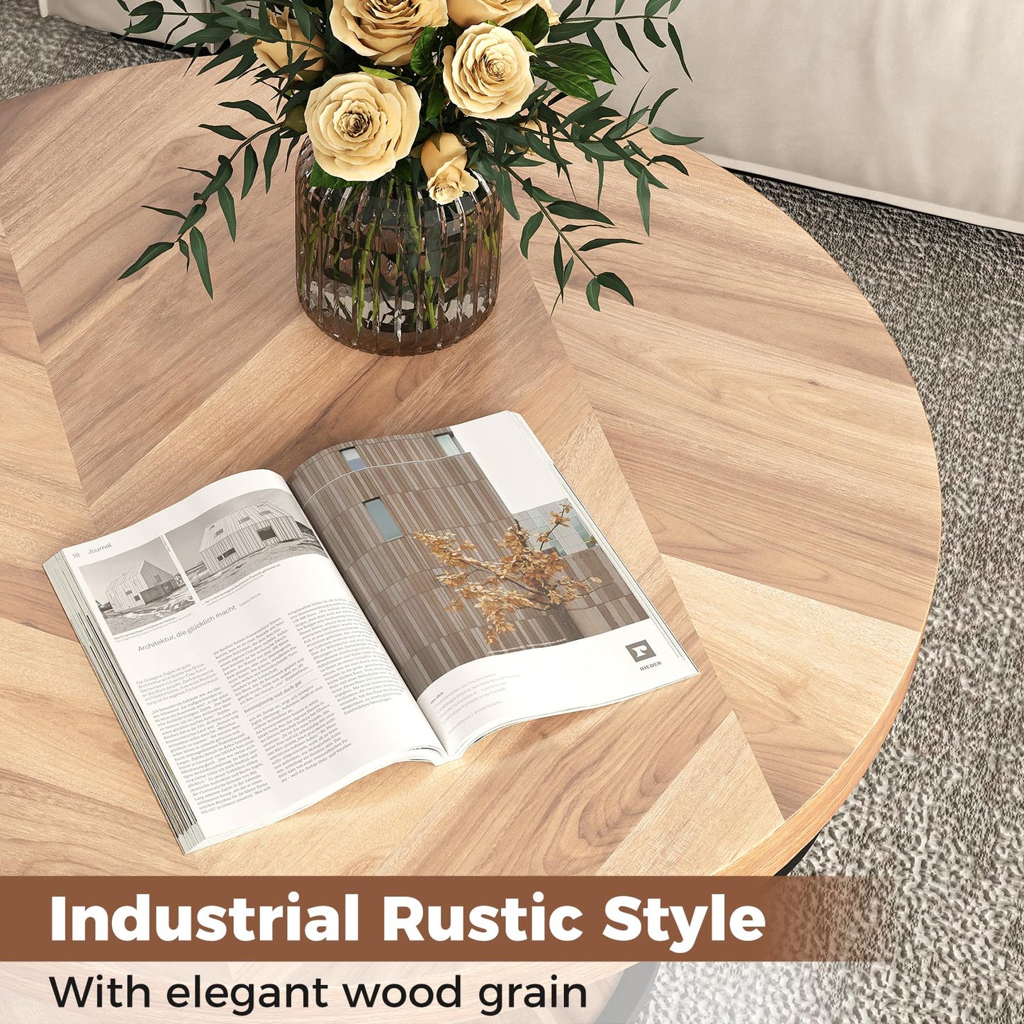 COSTWAY 2-Tier Round Coffee Table with Storage Shelf, Metal Frame Industrial Accent Cocktail Center Unit Sofa Side Tea Table for Living Room, Bedroom and Office, 80x80x45cm (Rustic Brown+Black)