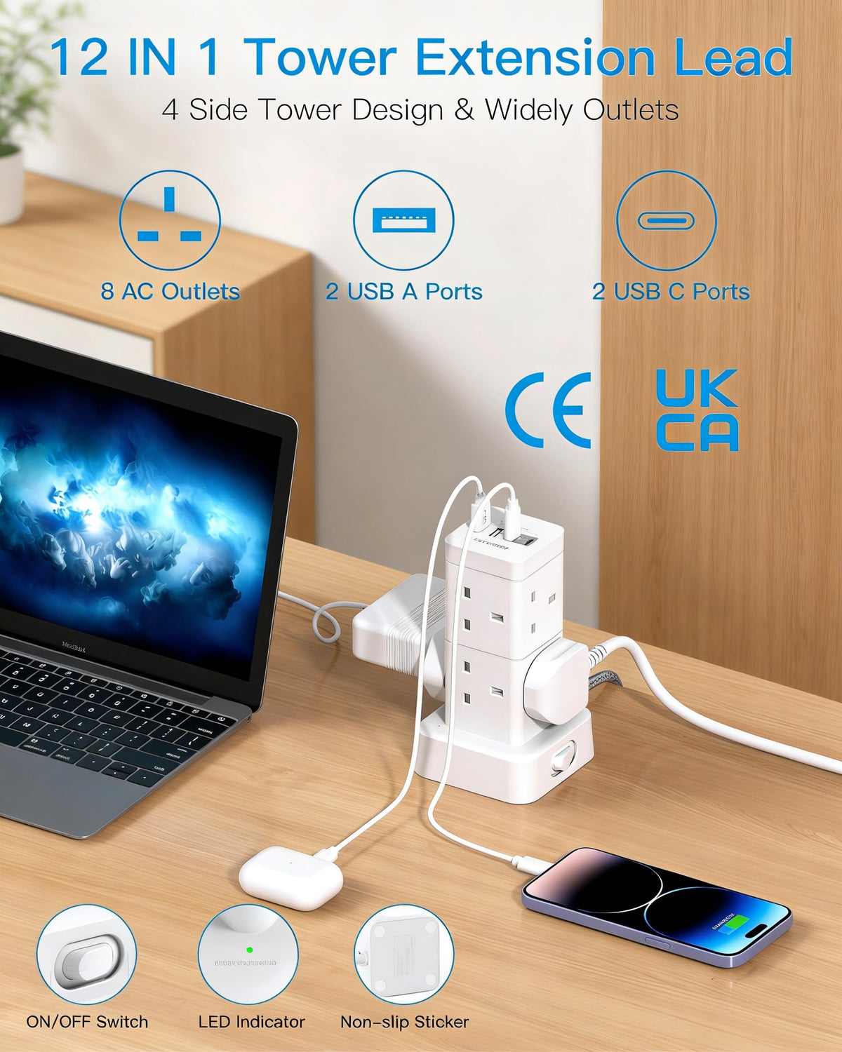 5M Extra Long Tower Extension Lead with 2 USB C, 8 Way Outlets Power Strip