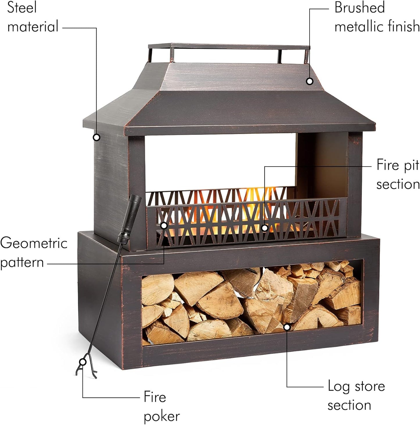 VonHaus Outdoor Fireplace, Fire Pit with Log/Wood Store for Garden, Patio, Fuel with Wood, Logs, Charcoal, Brushed Metallic Finish, Geometric Design, Steel, Weather Resistant, Includes Fire Poker