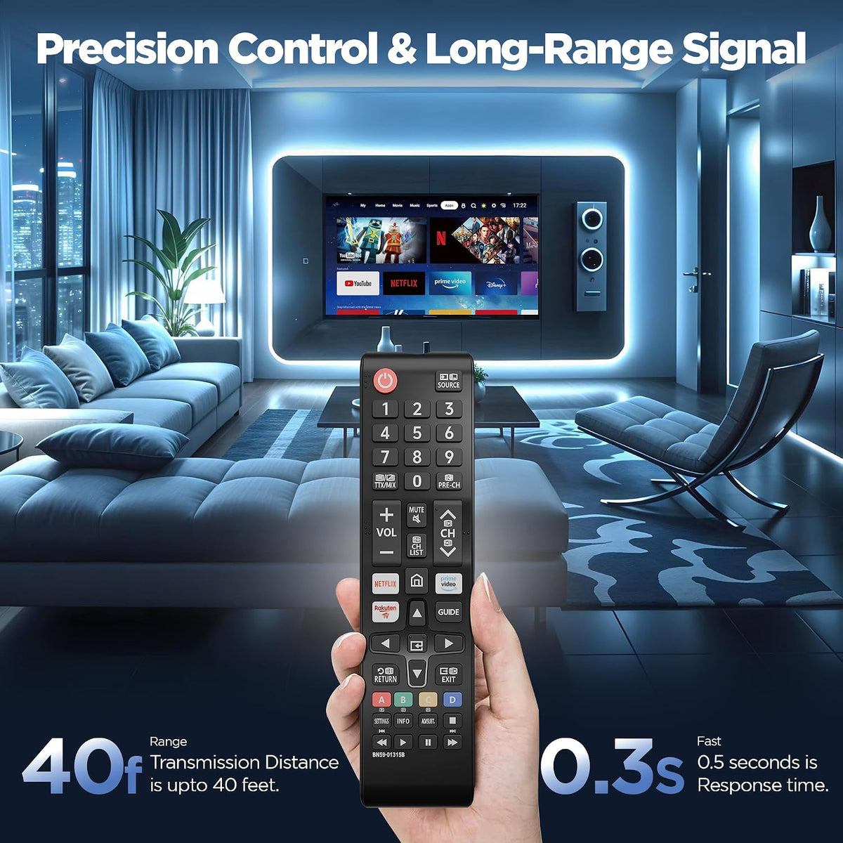 Smart Samsung Remote Controls For Smart Tv with Netflix, Prime Video, Rakuten Tv Buttons For All Samsung Tv Led Qled Uhd Frame Curved Solar Hdtv 3D 4K 8K Smart TVs, Universal Samsung Tv Remote