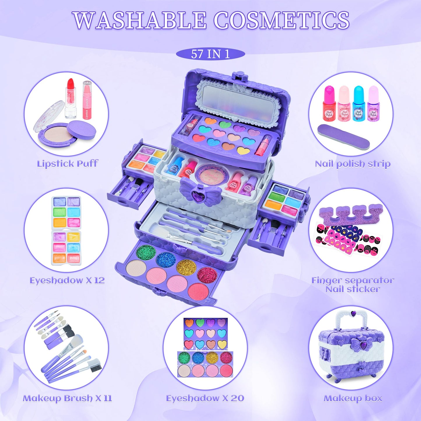 Kids Makeup Sets for Girls - Safe and Washable Kids Makeup, Real Make Up Set for Girls Children Toddler, Little Girl Play Games Toys Presents, Princess Birthday Gifts for 4-12 Year Old(Light Purple)
