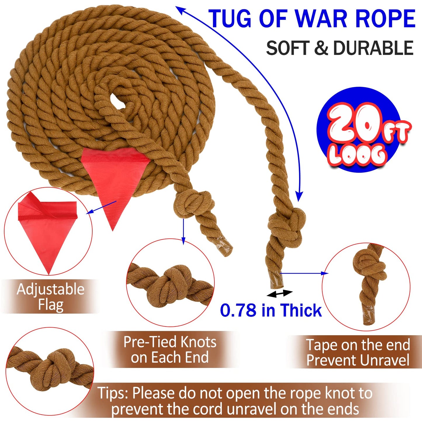 Tug of War Rope 20FT for Kids and Adults, Outdoor Field Day Lawn Yard Family Reunion Birthday Party Games, Outside Backyard Camping Picnic Game,Carnival Games Fun for Team Building Activities