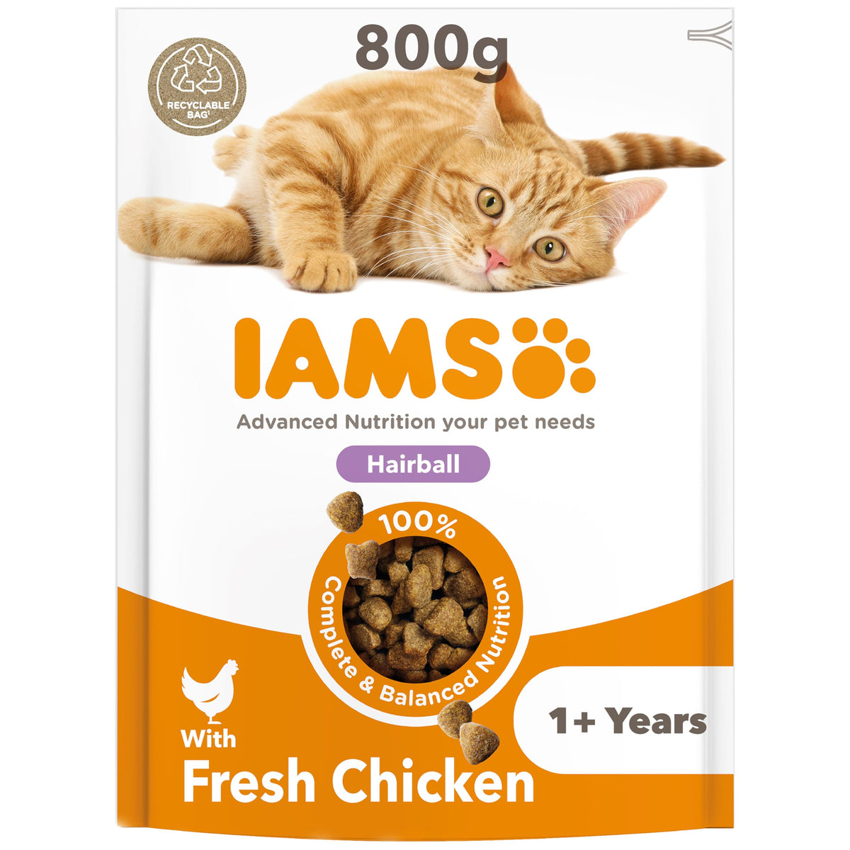 IAMS Hairball Complete Dry Cat Food Chicken 3kg - Significantly Reduces Hairball Formation