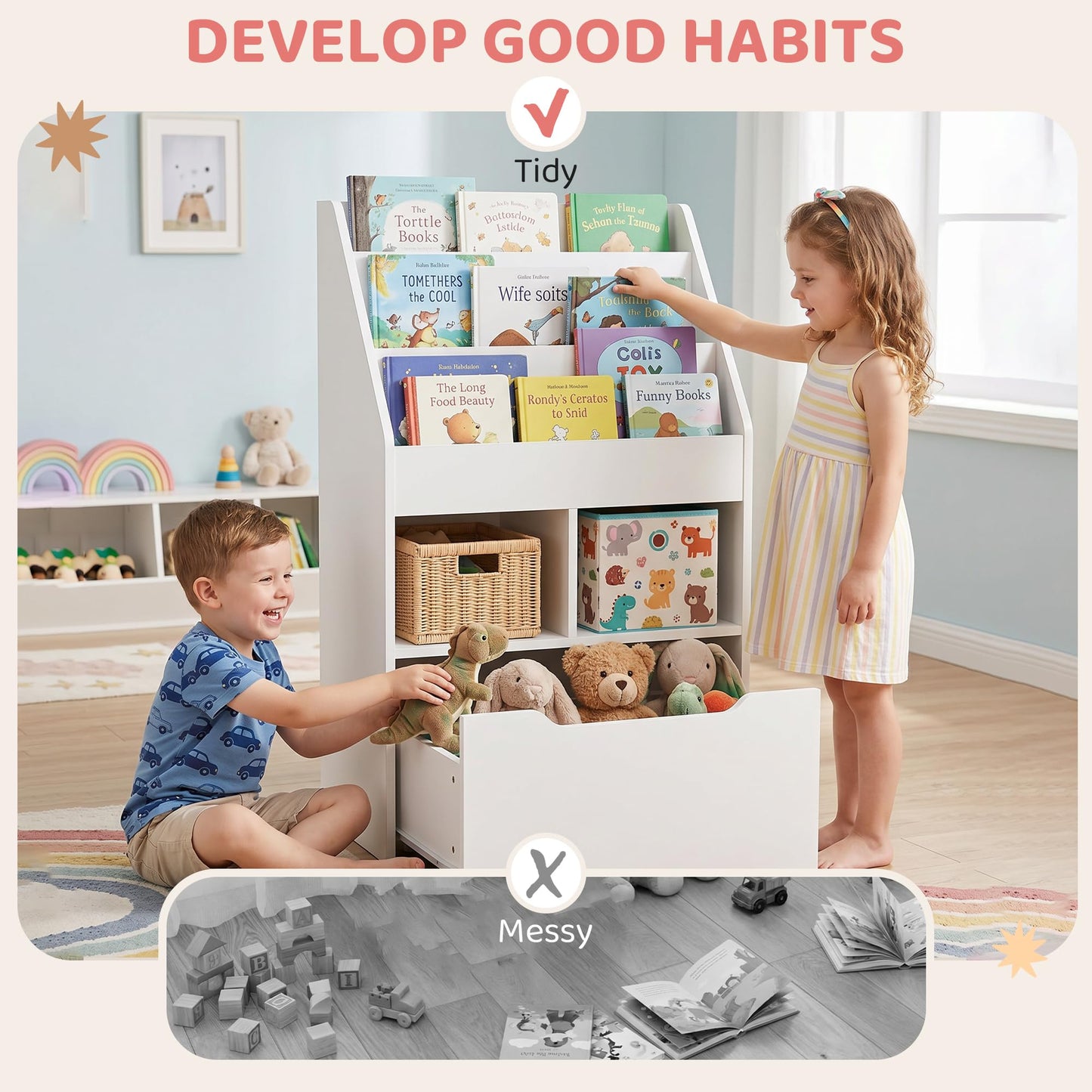HOMCOM Kids Bookshelf with Moveable Drawer, Montessori-Inspired Children's Bookcase with Wheels, Toy Organiser for Bedroom, Playroom - White