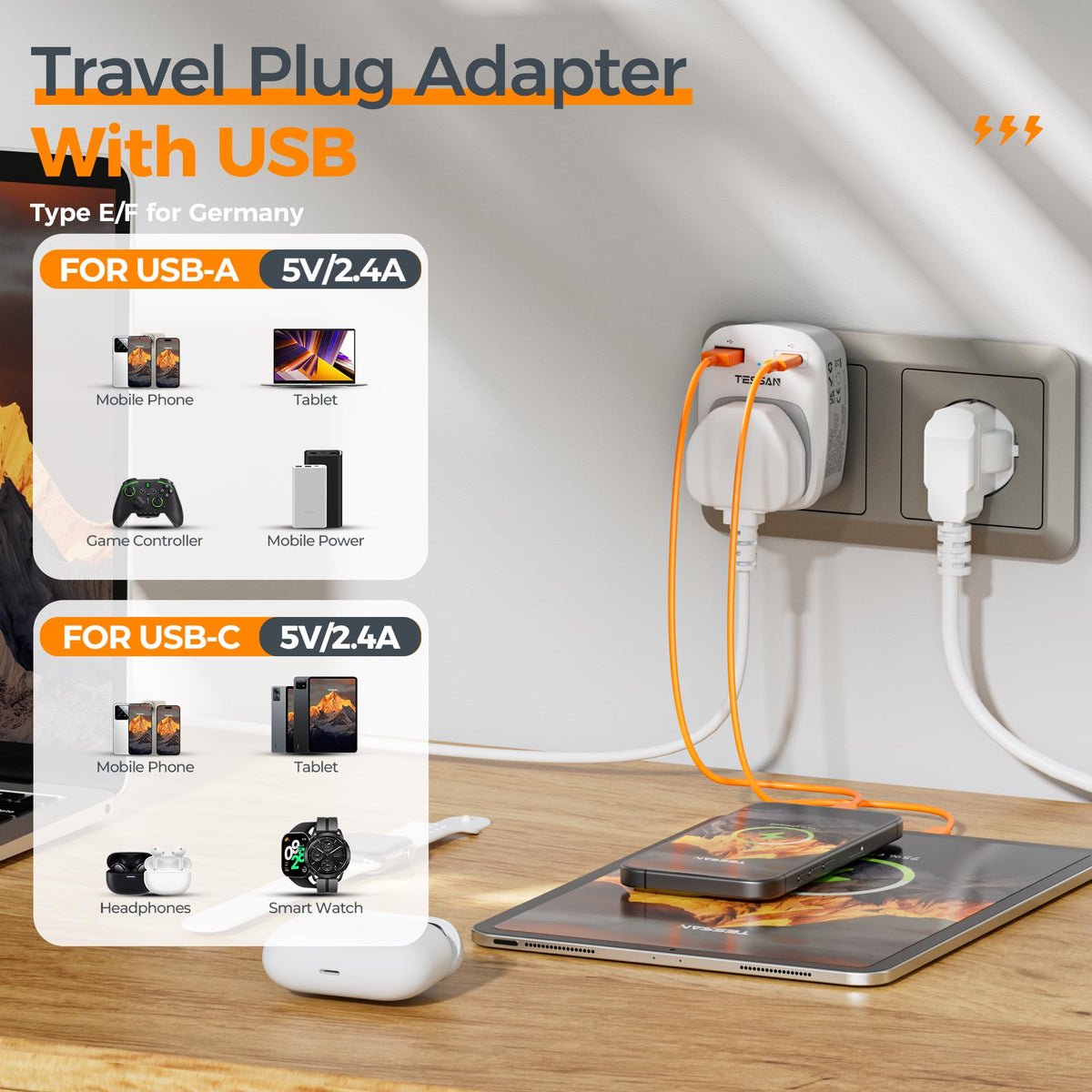 TESSAN UK to Australia Plug Adapter, Type I AU NZ Travel Adapter with USB C