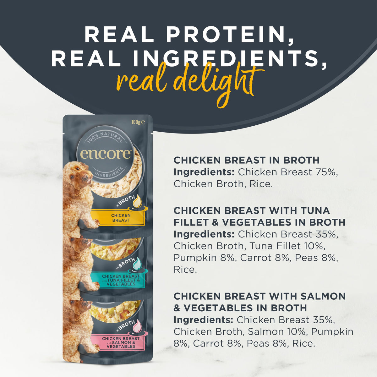 Encore 100% Natural Wet Dog Food, Chicken with Fish Selection in Broth 100g Pouch (Pack of 15x100g)