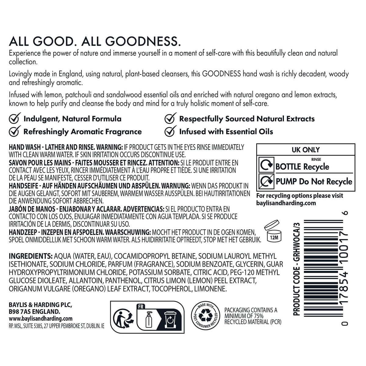 Baylis & Harding Goodness Natural Body Wash 500ml 3 pack