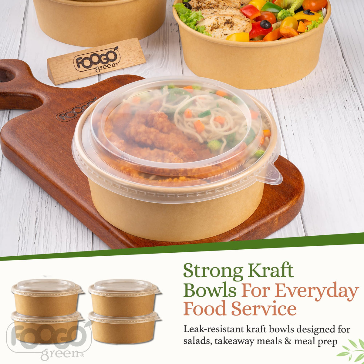 FOOGO Green 200Pcs 750ml 26oz Kraft Salad Bowls with Lids