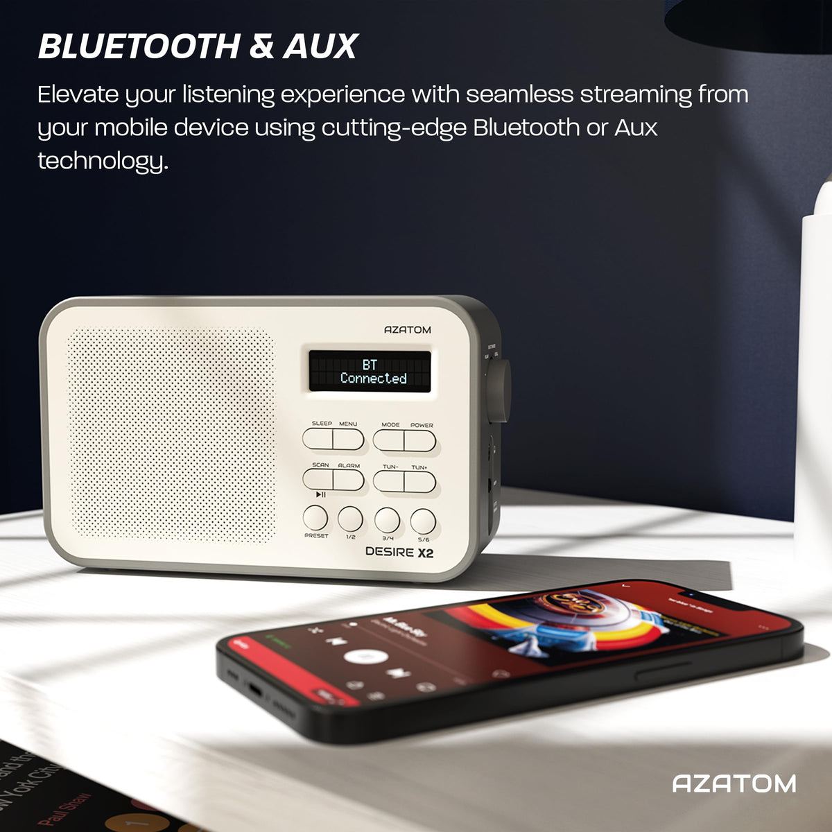 DAB/DAB+ & FM Portable Digital Radio | Simple Controls | Dual Alarms & Sleep Timer | Battery & Mains Powered (4x”AA”) | Bluetooth | Perfect for Home, Office or Outdoors | AZATOM Desire X2 (Black)
