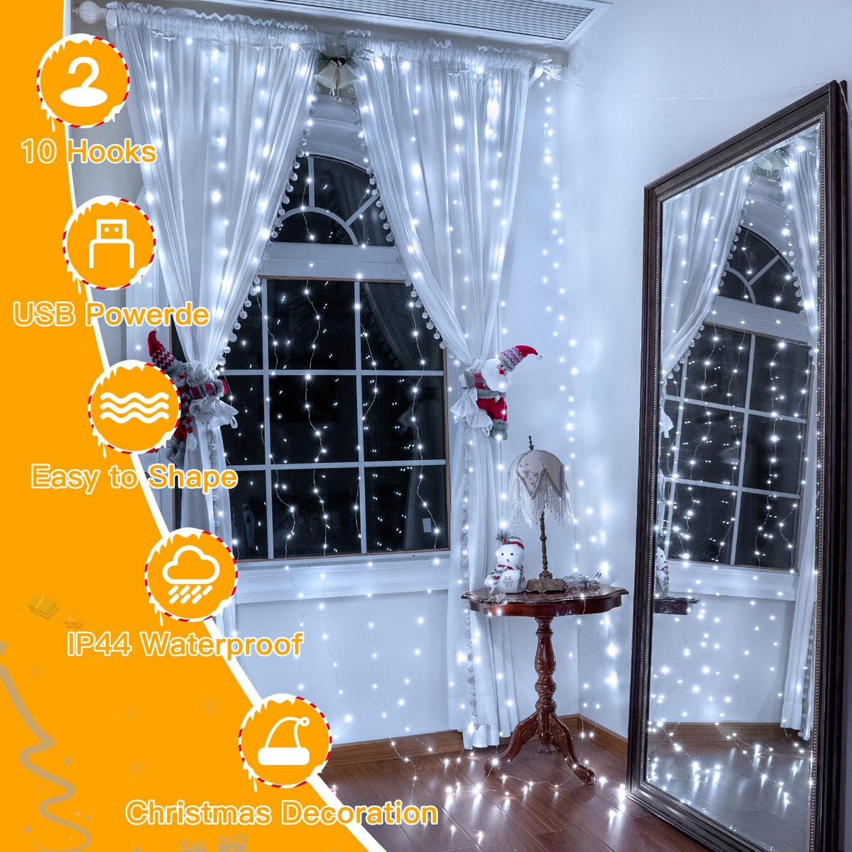 Ollny Curtain Fairy Lights, 300LED 3mx3m Waterfall Hanging String Lights