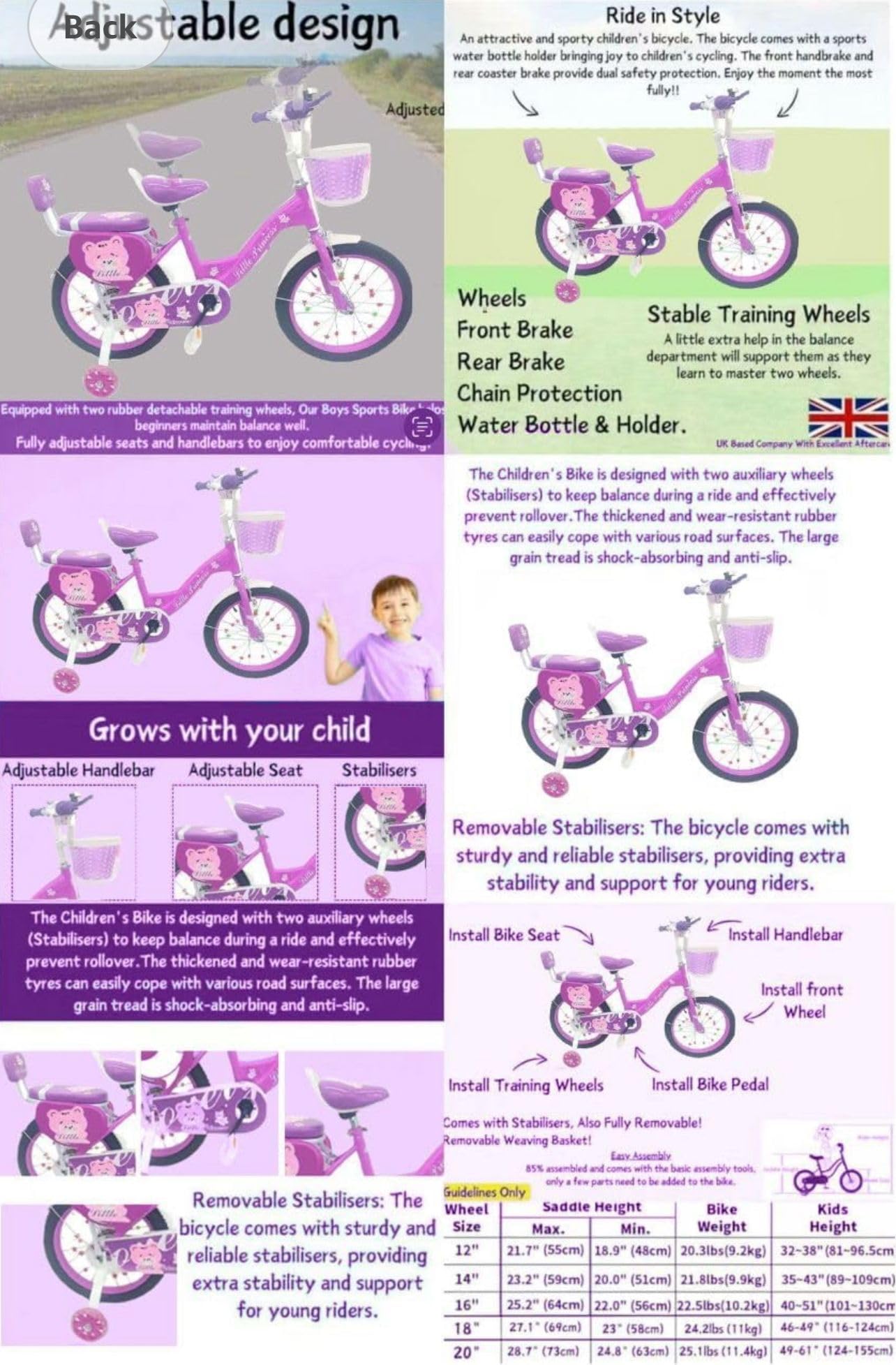 Girls Bike 16" Purple with Stabilisers, Basket & Bell — Adjustable Seat & Handlebars
