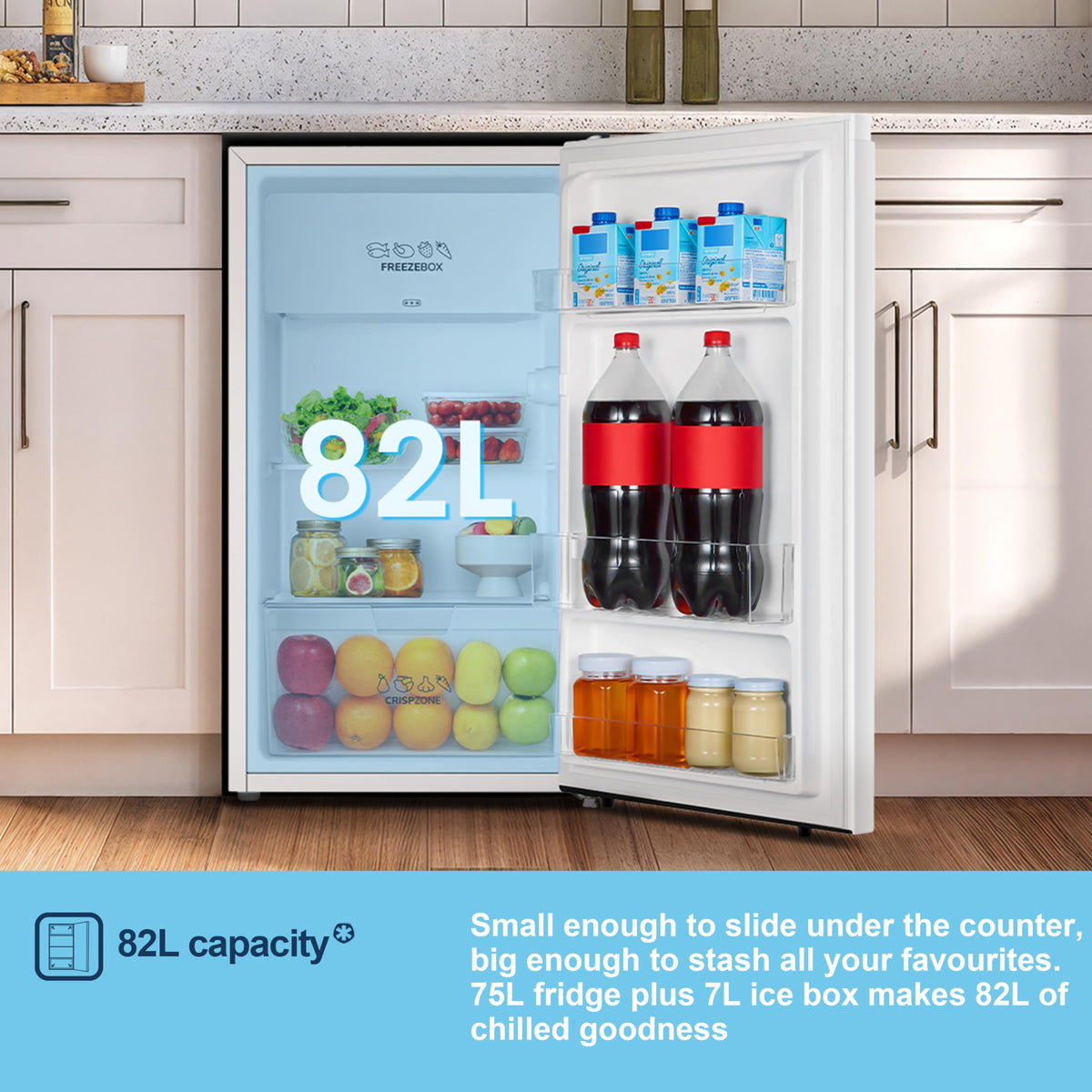 Fridgemaster 45L Table Top Mini Fridge MUR4545, 45cm Compact Refrigerator with Adjustable Thermostat, Reversible Door, 39dB Low Noise, White, Energy Class E