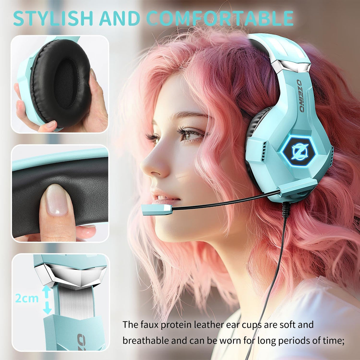 Ozeino Gaming Headset with Microphone for PS5/PS4/Xbox One/PC/Switch, Gaming Headphones with 3D Surround Sound & Noise Cancellation Pink