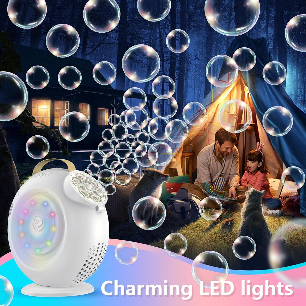 G-STORY Rechargeable Automatic Bubble Machine for Kids - 15000+ Bubbles Per Min, 90°/360° Auto Rotating & LED Light 500ML Capacity Bubble Blower with 2 Speed Modes for Outdoor Party Wedding Birthday