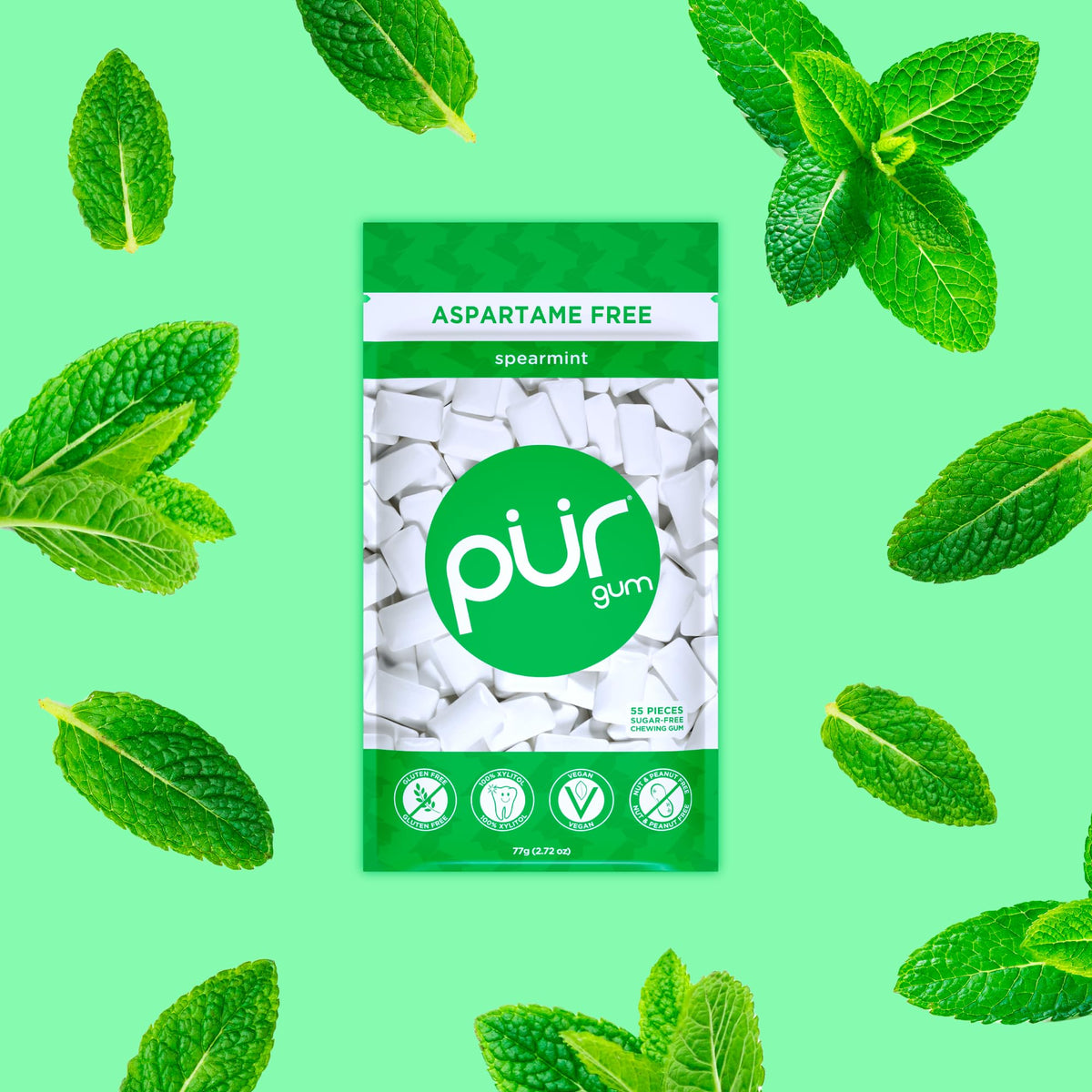 PUR Gum, Spearmint, Xylitol Gum, No Artificial flavour, 55 Count