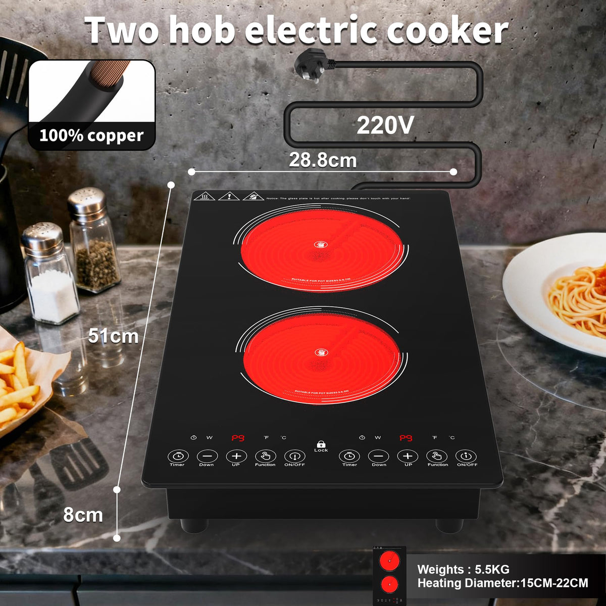 GIHETKUT single electric hob,220V 2000W Electric Hob with LED Touch Control,10 Power Levels, 4H Timer, Safety Lock,portable single burner hob Overheat protection