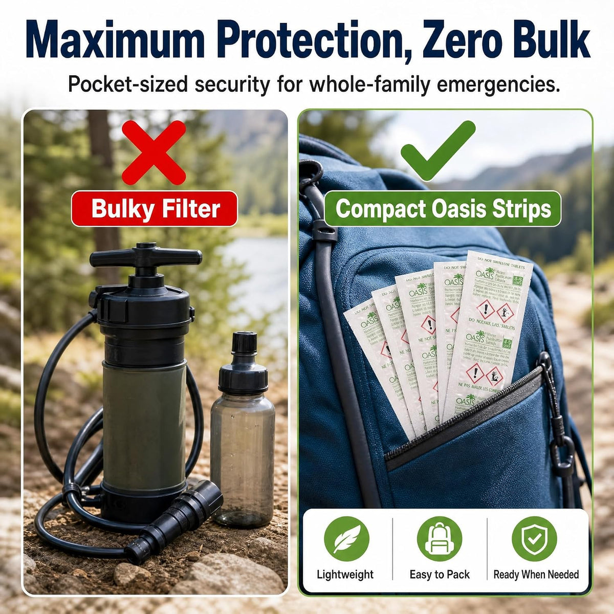 Oasis Water Purification Tablets (33mg) – Emergency Water Treatment for Camping, Hiking, Survival, and Travel – Fast-Acting Water Purifier for Safe Drinking Water – 200 Tablets