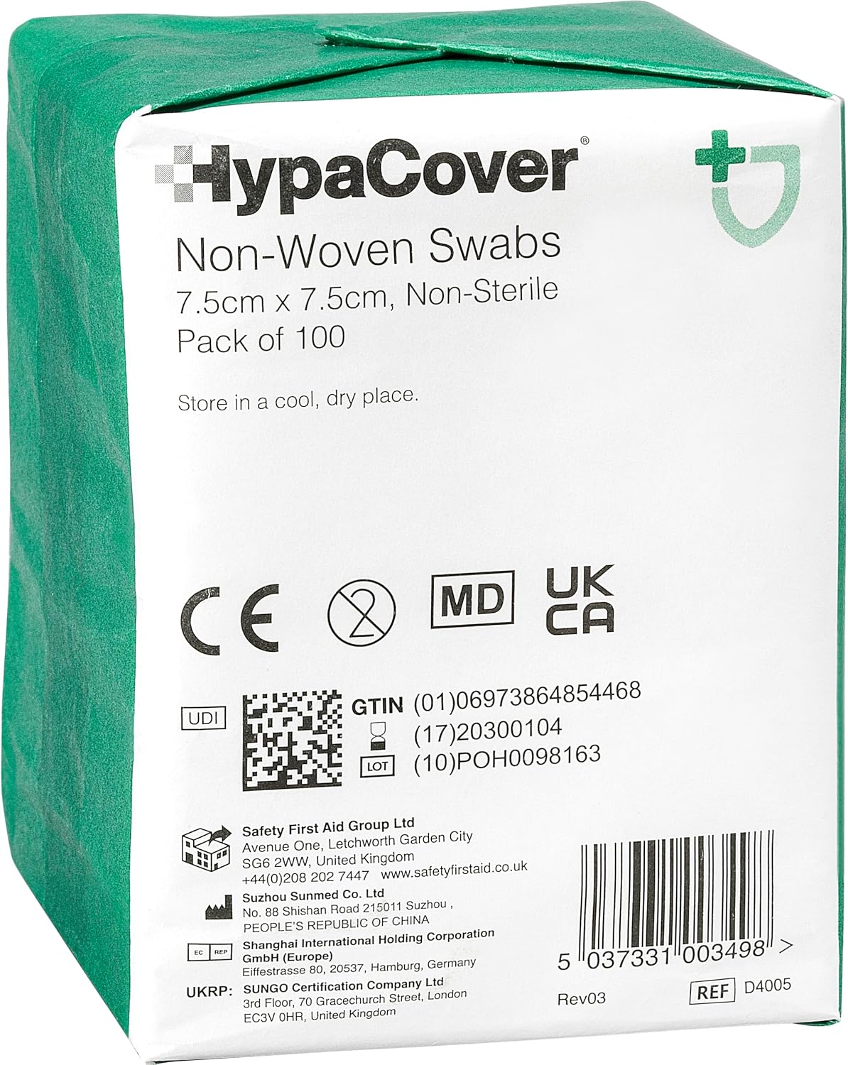 Safety First Aid HypaCover Non-Woven Swabs, 7.5cm x 7.5cm, Pack of 100