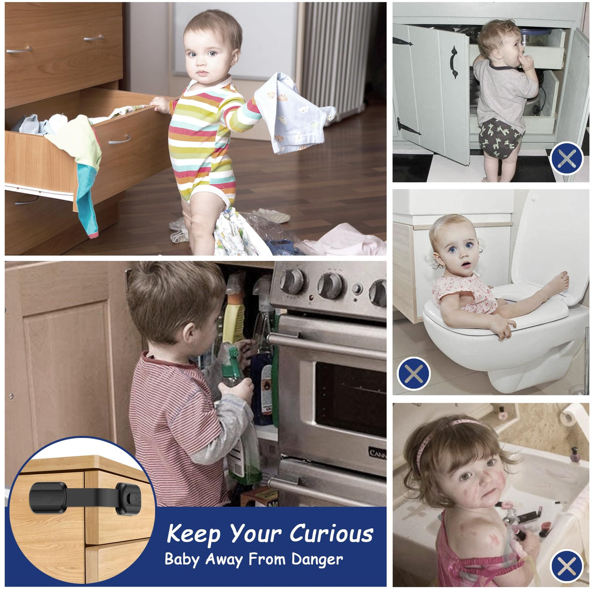 Adjustable Child Locks for Kitchen Cupboards 10 Pack - White
