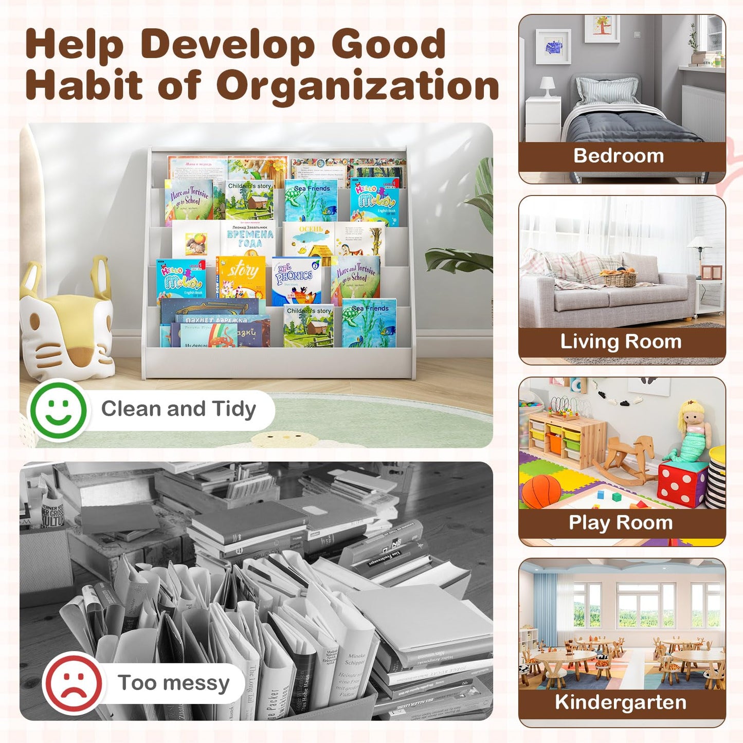 COSTWAY Wooden Kids Bookshelf, 5 Tier Children Bookcase with Deep Compartments, Back Storage Space, Front-Facing Books Display Rack for Playroom, Daycare, Kid’ Room (Rustic Brown)