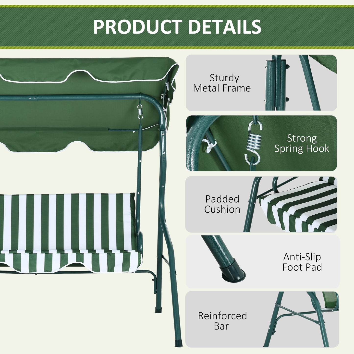 Outsunny 3 Seater Canopy Swing Chair Outdoor Garden Bench with Adjustable Canopy and Metal Frame - Blue Stripes