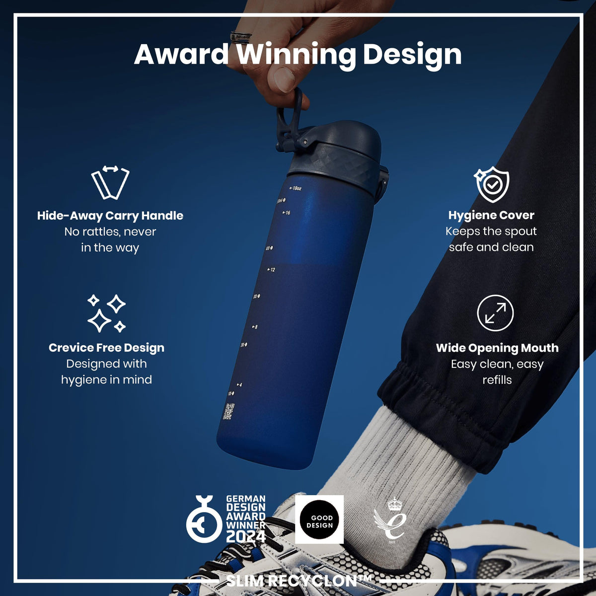 Ion8 Water Bottle, 500 ml/18 oz, Leak Proof, Easy to Open, Secure Lock, Dishwasher Safe, Hygienic Flip Cover, Carry Handle, Fits Cup Holders, Easy Clean, Hot Pink