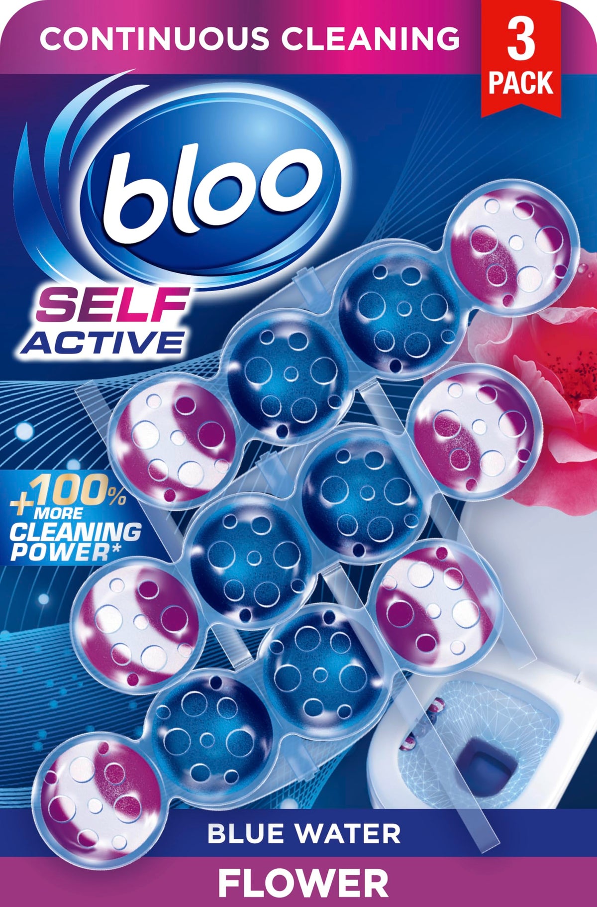 Bloo Self Active Single Toilet Rim Block and Bowl Cleaner with Flower. Hanging Toilet Bowl Cleaner Rim Block with 100% More Cleaning Power.