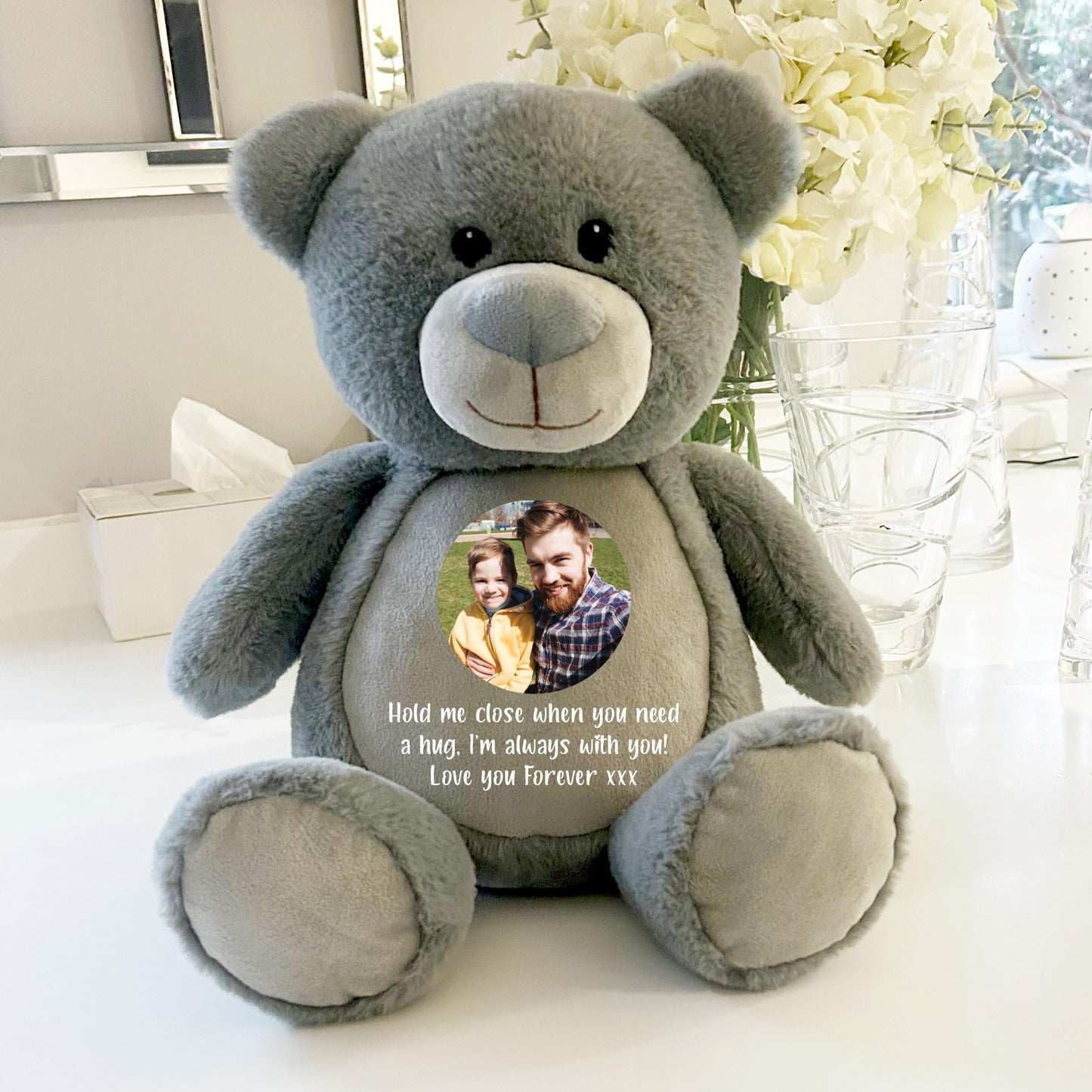 Large Personalised Photo Ashes Keepsake Memory Teddy Bear - Grey | Metal Heart Shaped Tin Ashes Urn | Bereavement Memorial Keepsake | Custom Photo & Message | Sympathy Gift | 42cm Tall