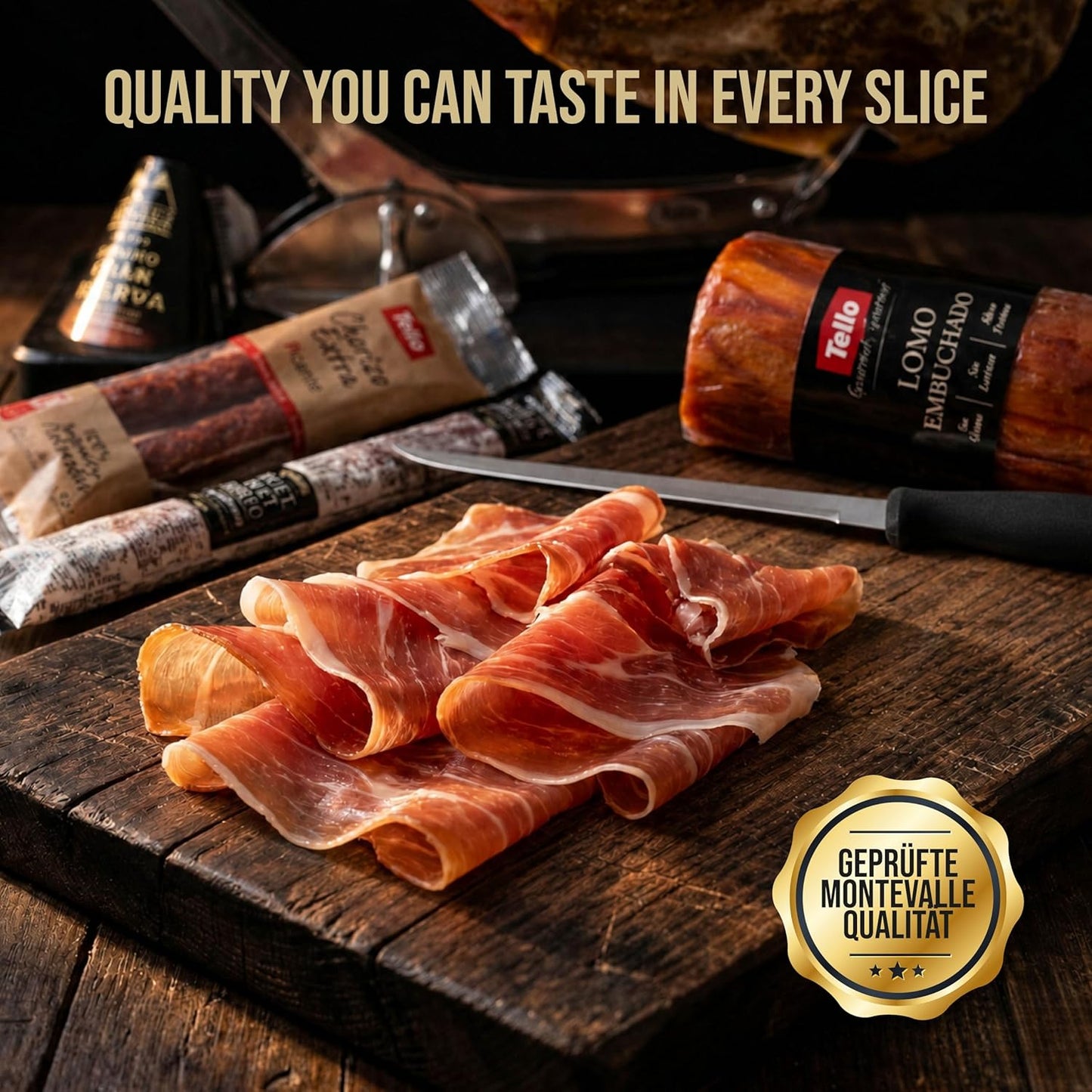 Montevalle Gran Reserva Serrano Ham Whole Leg | 7-8kg Slow Cured for 20 Months | Professional Set with Stand and Knife | Gourmet Gift Hamper Including Chorizo, Lomo, and Fuet for Spanish Tapas