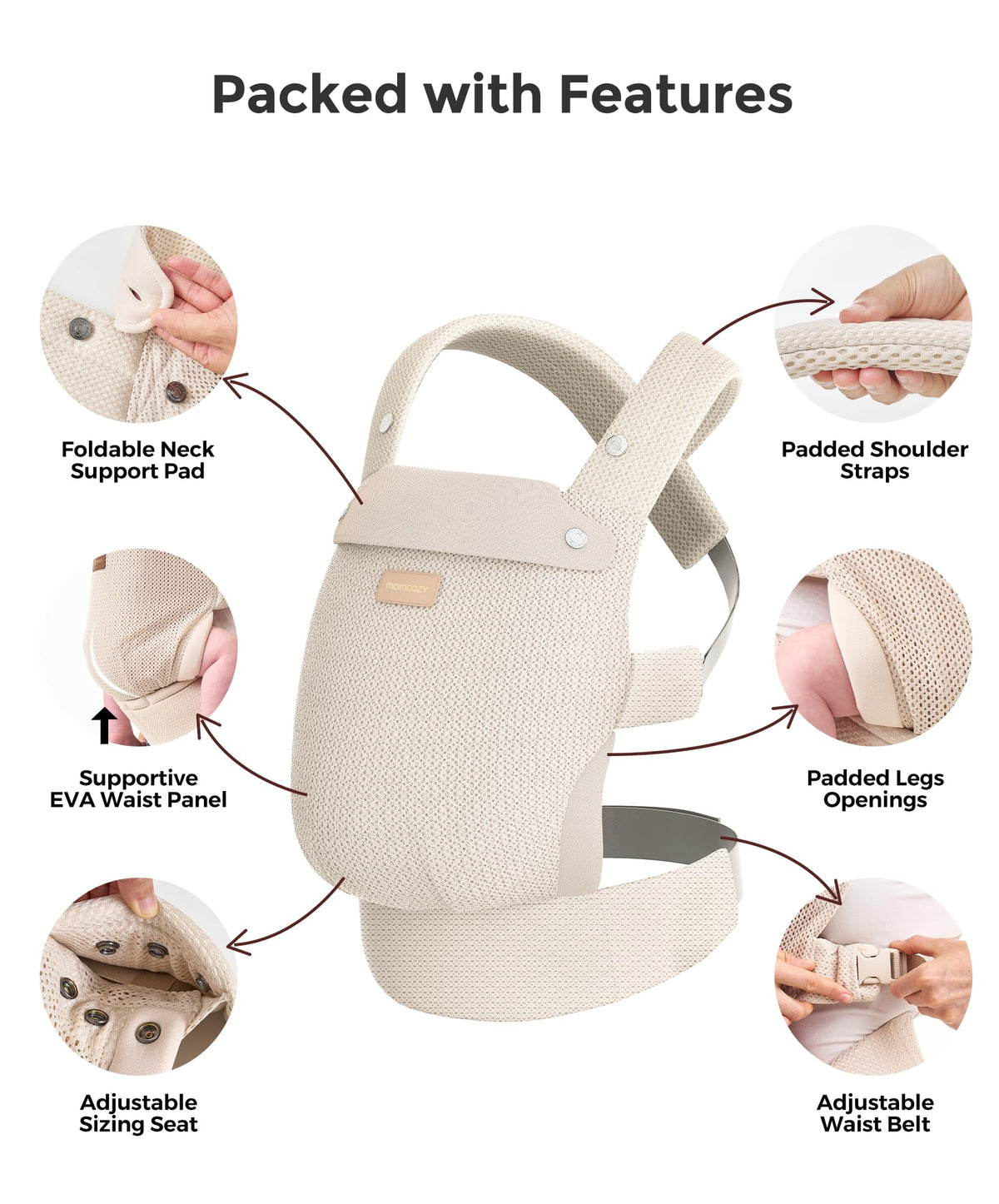 Momcozy Baby Carrier for 3-24M/3.2-20kg, Waist 64-127cm, Cotton Khaki
