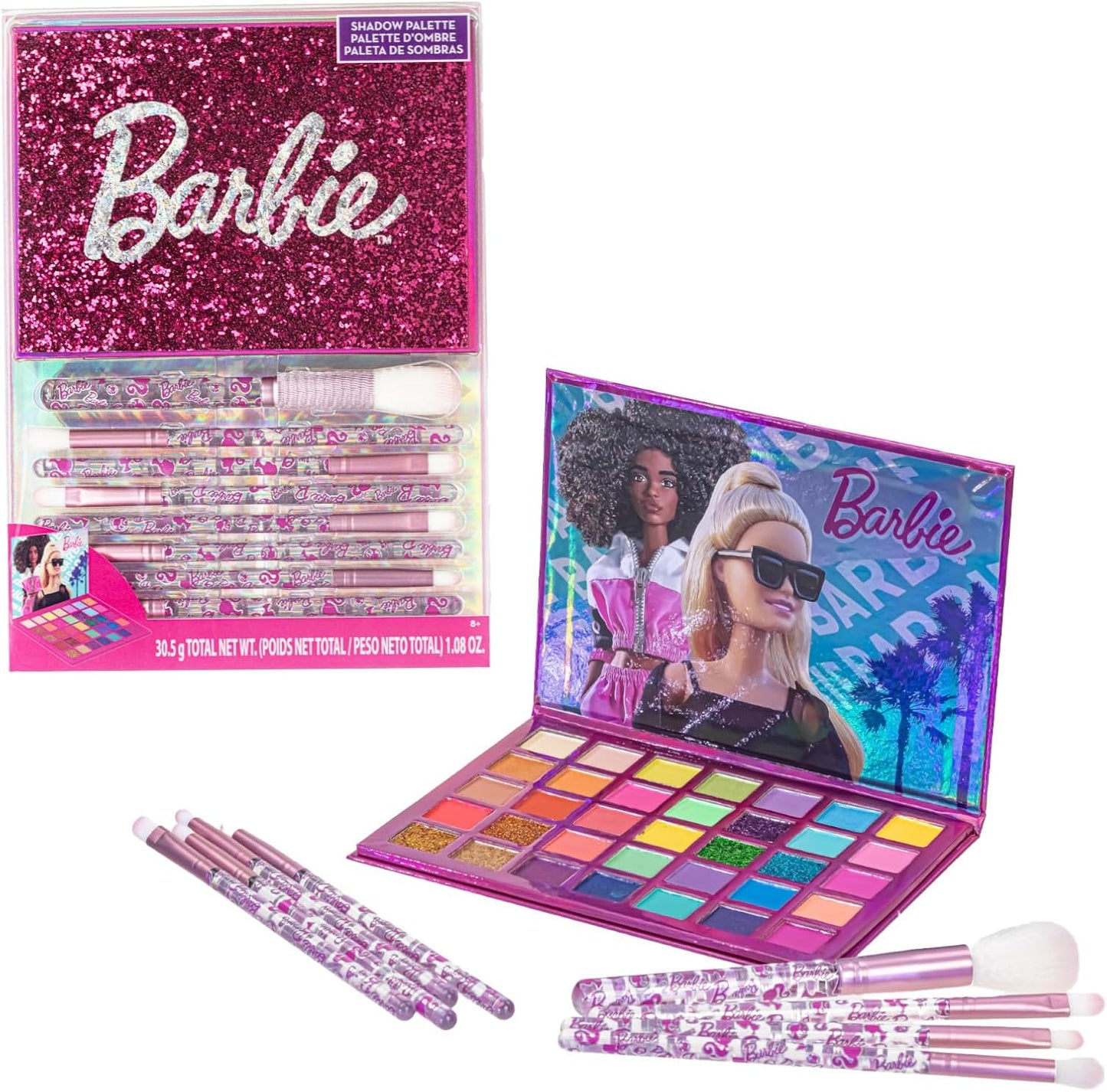 Barbie 35-Well Shadow Palette, Shimmery and Opaque Colors, Pigmented Blendable, 8 Application Brushes Perfect for Parties, Sleepovers & Makeovers by Townley Girl