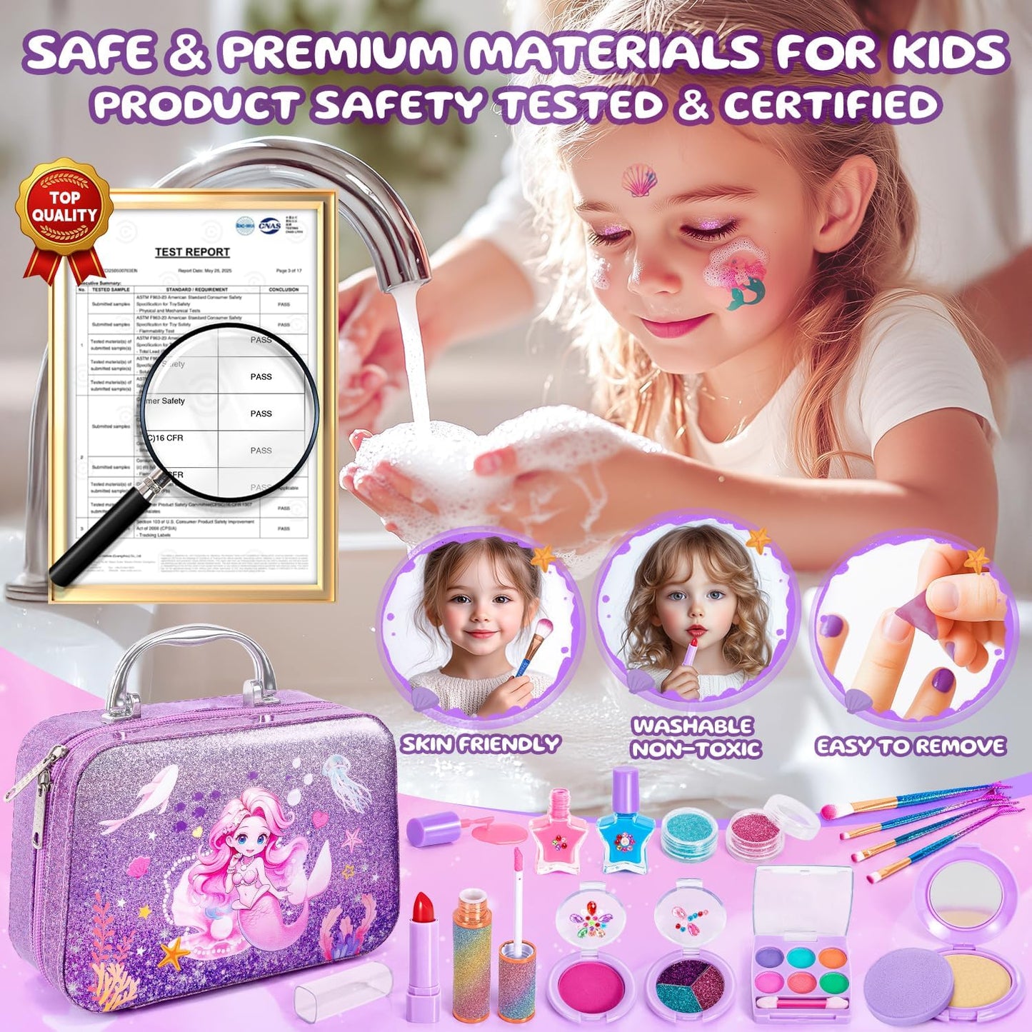 Hohosunlar Kids Makeup for Toddlers Toys, Washable Make Up Set Non-Toxic Toys for Girls with Purse, Princess Pretend Play Hair & Nail Polish Accessories, Christmas Birthday Gift Toys for Girls 3+
