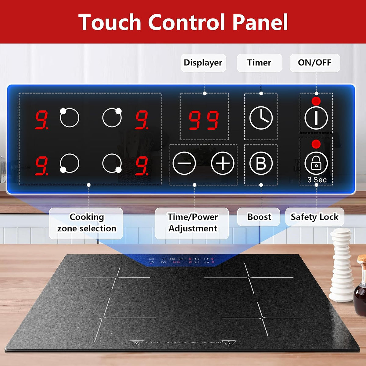 Induction Hob 4 Zones, Built-in Induction Hob 60 cm with Booster, 4 Burner Cooker, Touch Control, 9 Power Levels, 1-99 Min Timer, Child Lock, Heat Indicator, No Plug
