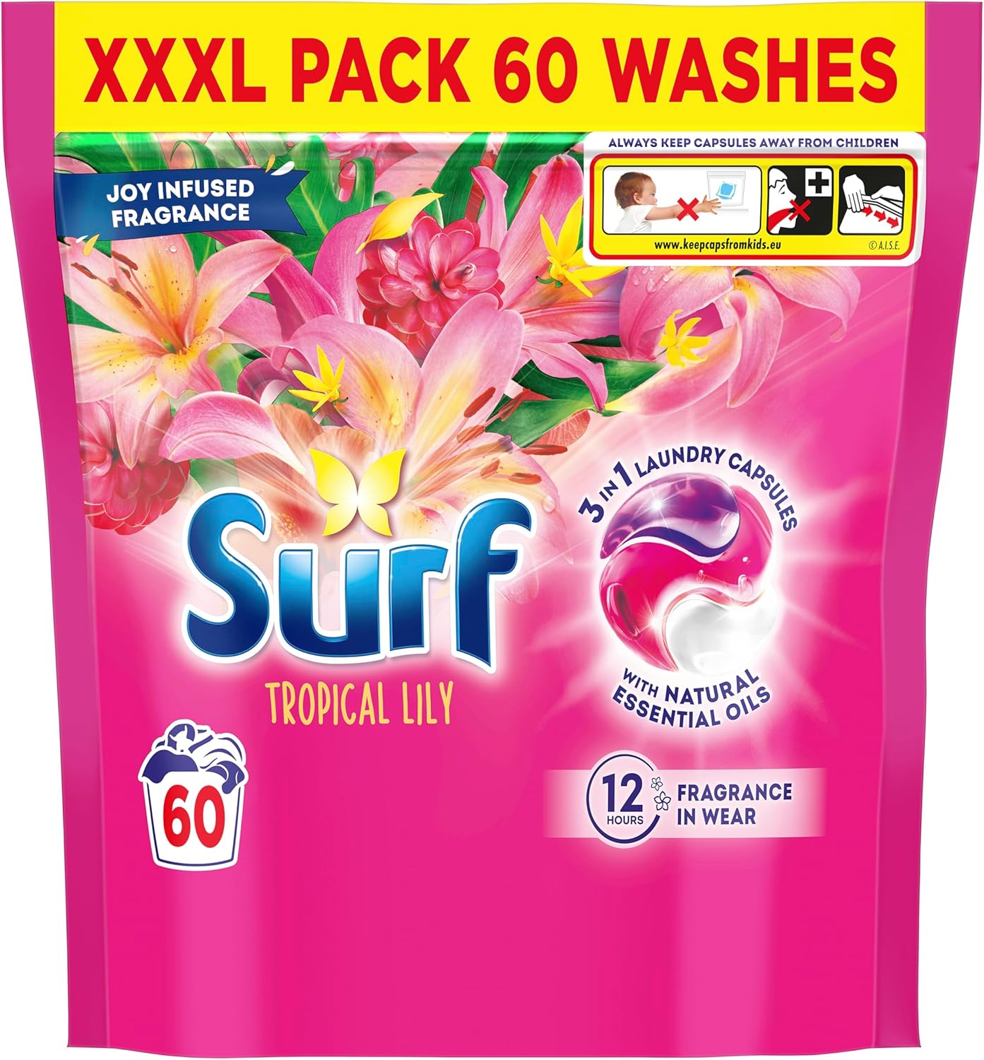 Surf 3 in 1 Tropical Lily Laundry Washing Detergent Capsules joy-infused fragrance with natural essential oils lasting up to 12 hours in wear for brilliantly clean results 60 washes