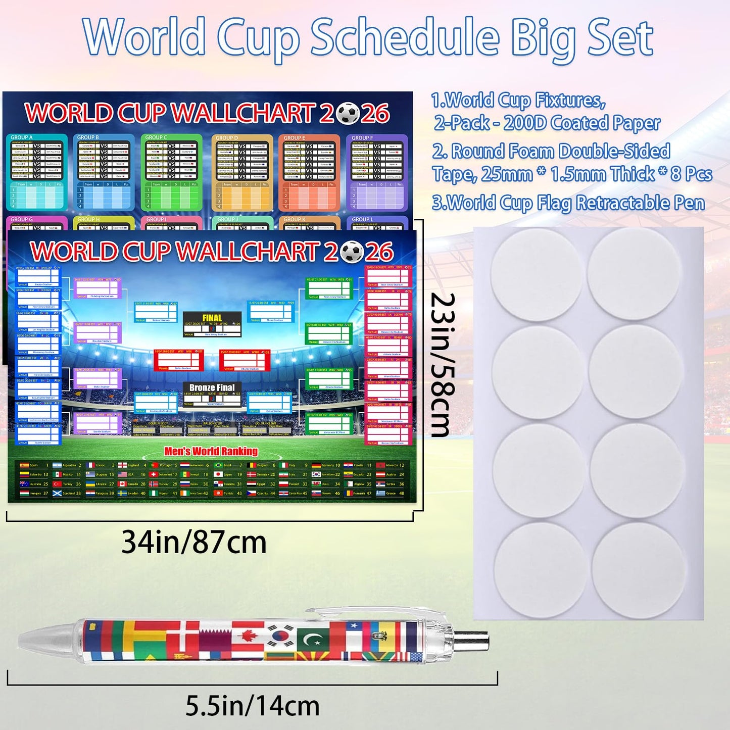 Aurblyn 11 Pcs World Cup Football 2026 Tournament Fixtures Folded Poster Handwritten Watercolour Pen World 8adhesive Backing 87x58cm For Bedroom For Men and Women Gifts for Fans (Background -4)