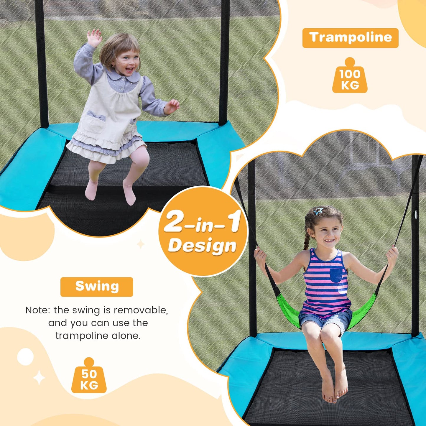 COSTWAY 6FT Kids Trampoline, 2 in 1 Toddler Trampolines with Swing and Enclosure Safety Net, Rectangle Trampoline for Outdoor