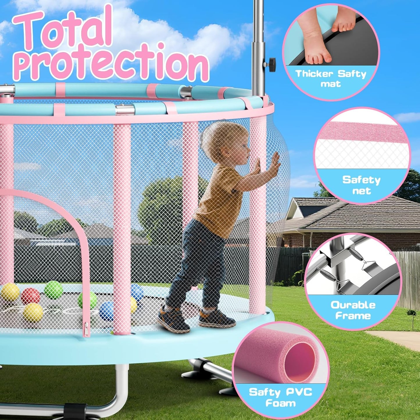 FitinOne 55" Toddler Trampoline with Safety Net, Gymnastics Bar, Swing & Rings