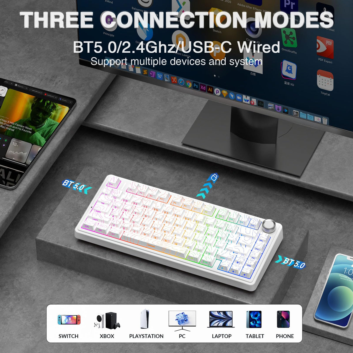 AULA F75 75% Wireless Mechanical Keyboard,2.4Ghz/Type-C/BT5.0 Gaming Keyboards,Advanced Structure,RGB Backlight,Hot Swappable Custom Keyboard for PC/Mac (Cool Black)