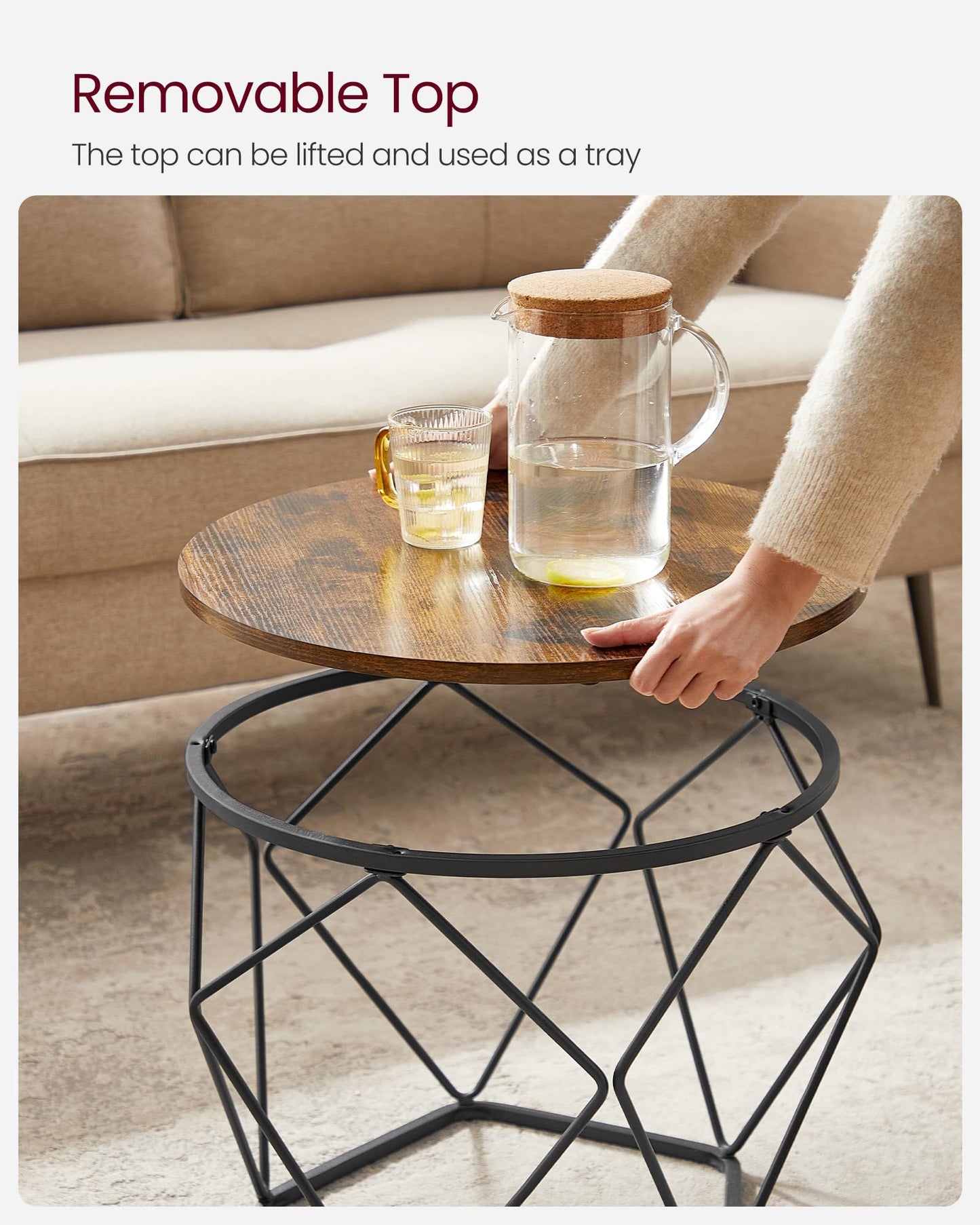 VASAGLE Coffee Tables, Set of 2 Side Tables, Robust Steel Frame, for Living Room, Bedroom, Rustic Brown and Black LET040B01