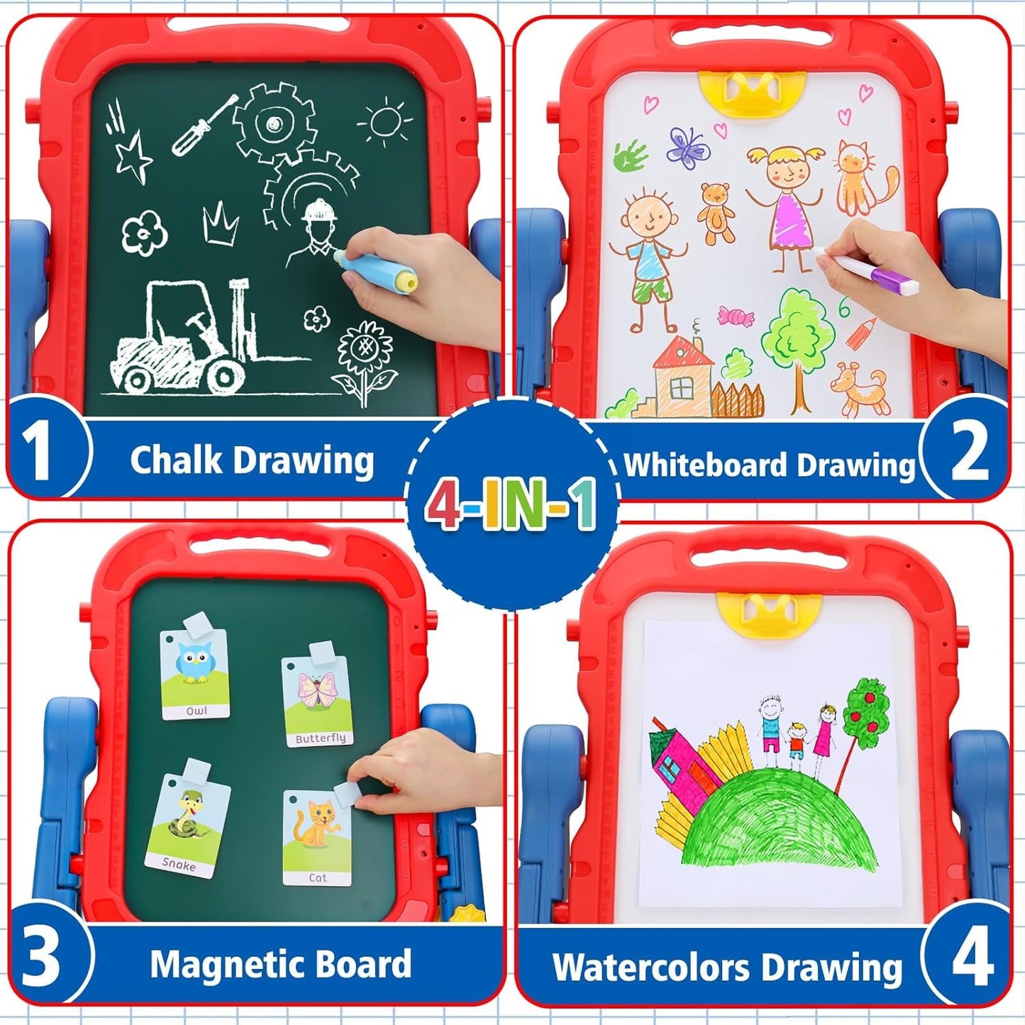 4 in 1 Kids Easel with Magnetic Whiteboard Chalkboard, Toddler Art Easel for Kids with Height Adjustable & 360°Rotatable Drawing Writing Painting Accessories, Gifts for 2 3 4 5 6 7 Year Old Boys Girls