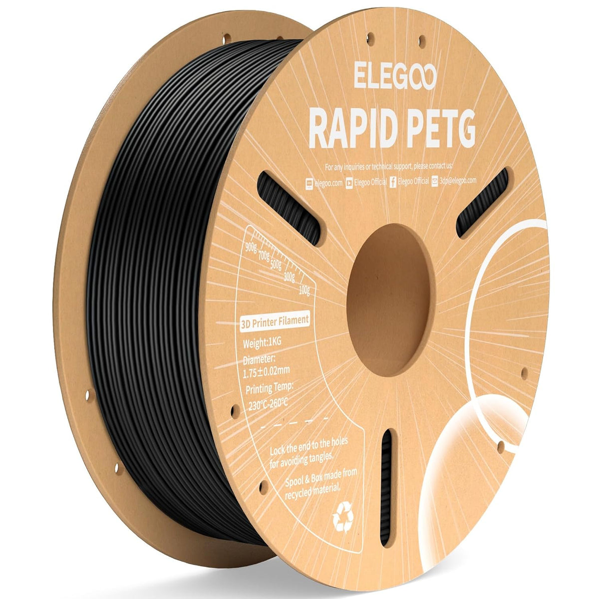 ELEGOO Rapid PETG 3D Printer Filament 1.75mm Black 1KG