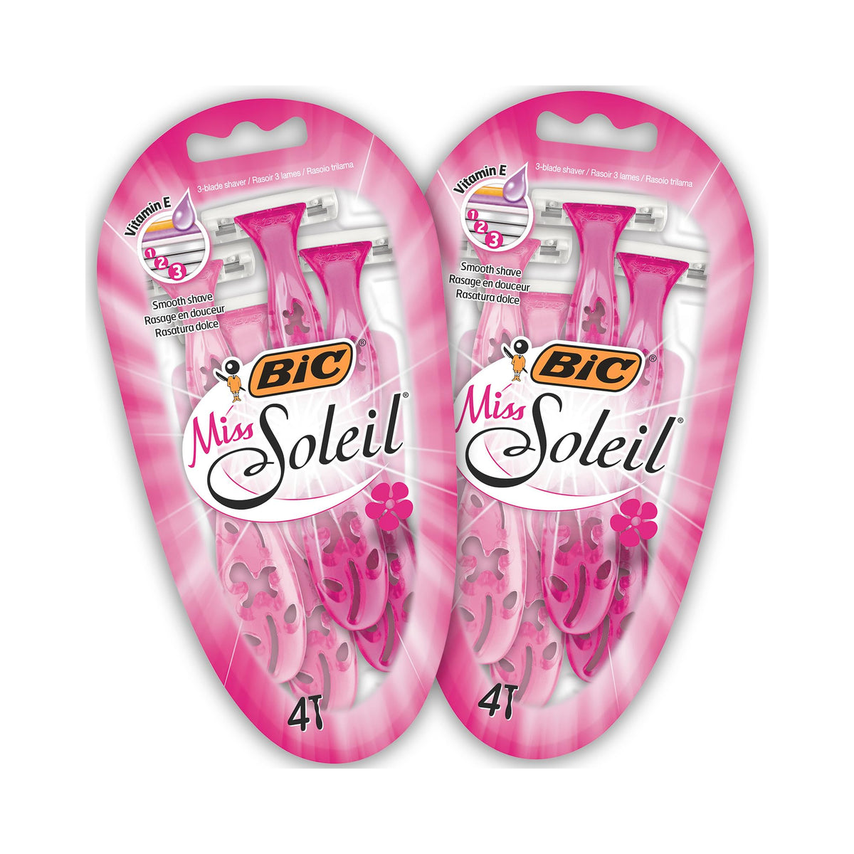 BIC Miss Soleil Disposable Razors for Women, 3 Blade, Pink Handle, Pack 4