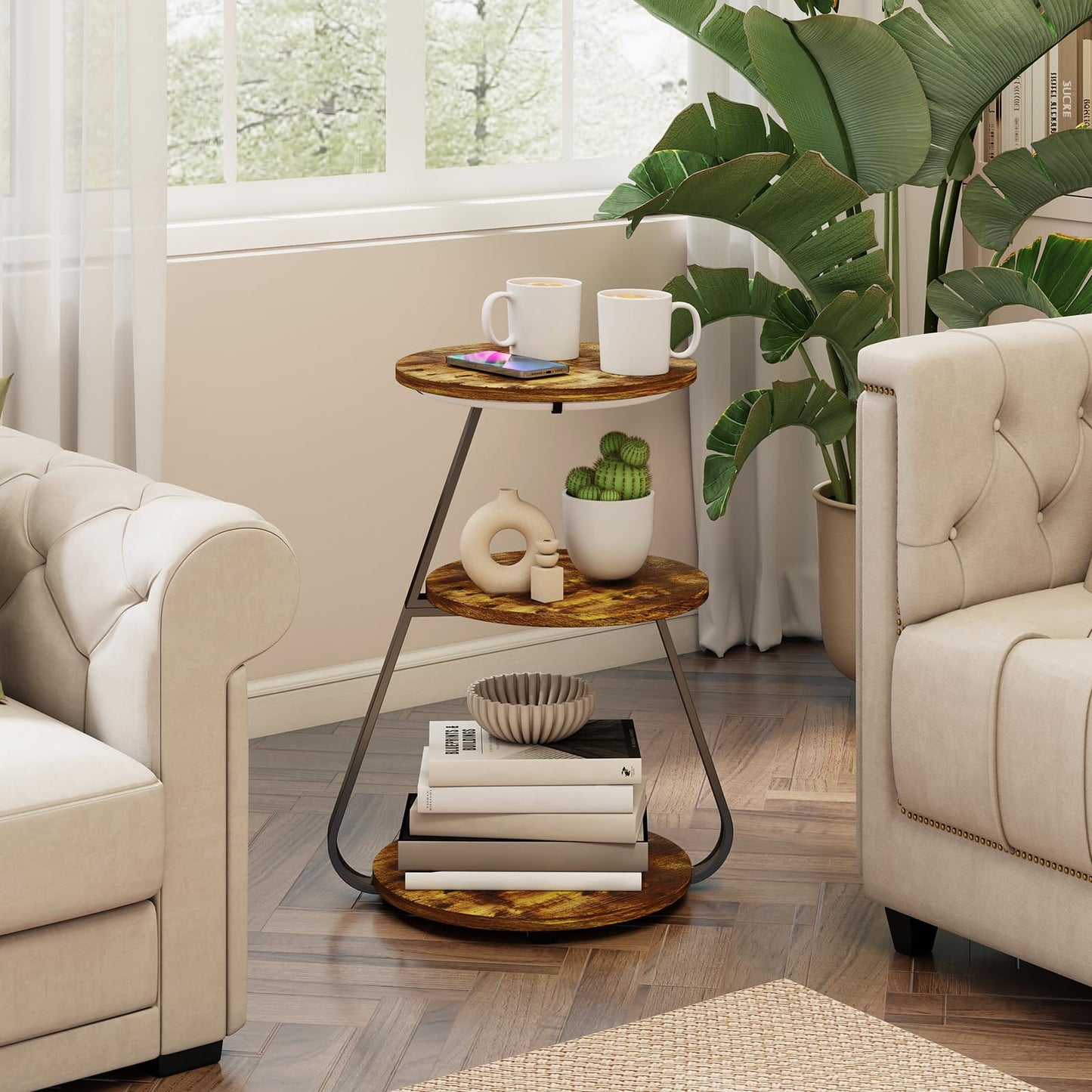 ARTETHYS Side Table, Small Round Coffee Table with 3 Color LED Lights, End Table with 3 Tier Storage Shelves, Bedside Sofa Side Tables for Living Room Bedroom, Rustic Brown