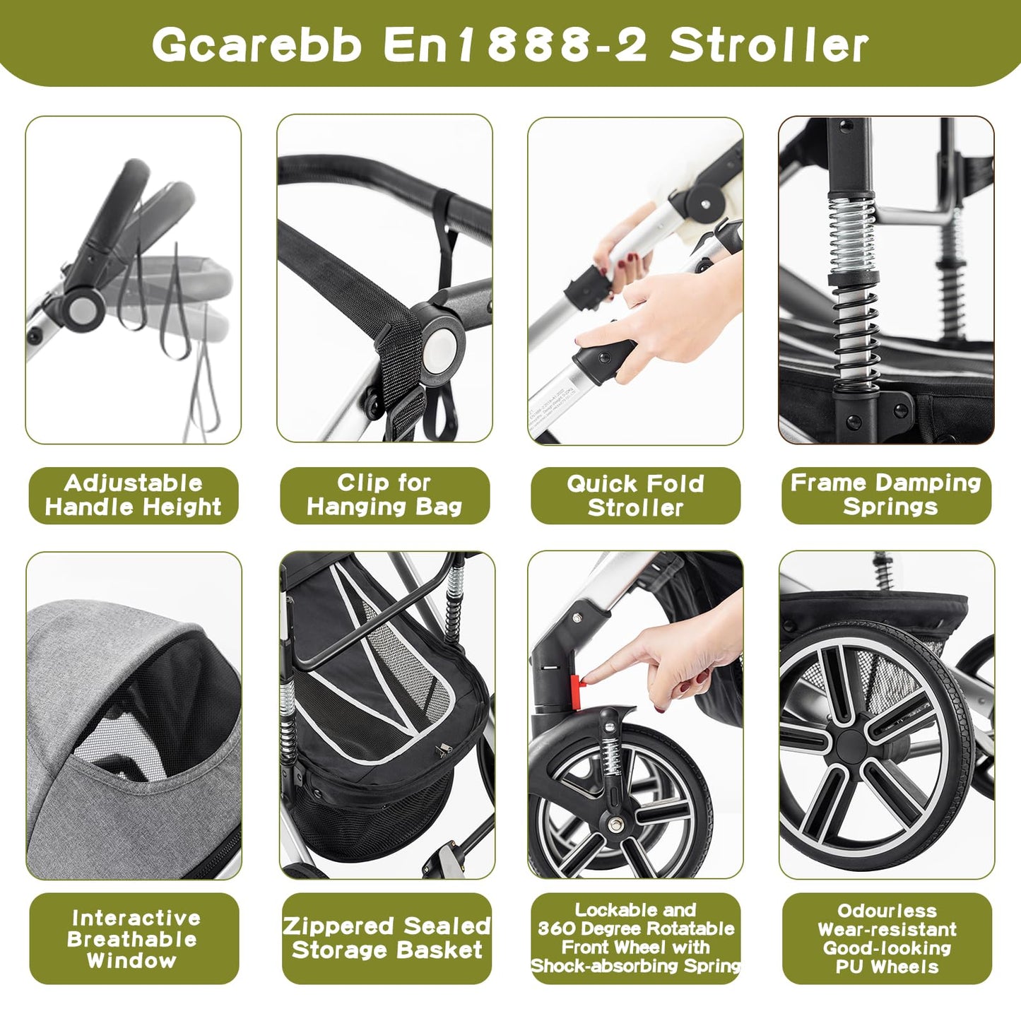 Gcarebb 3 in 1 Prams Travel System, Pushchair with Height Adjustable Handle, Travel Pram with Mosquito Net, Baby Stroller with Aluminum Frame for Newborn 0-4 Years